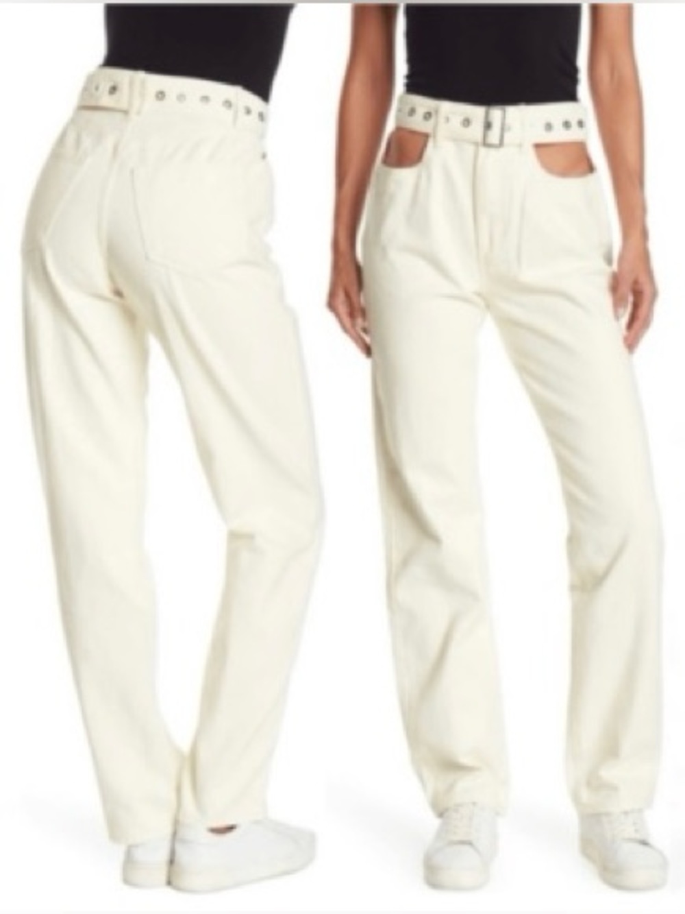 NWT WeWoreWhat Revolve High Rise Cut Out Jean Ivory Baggy Wide Leg Belted 26